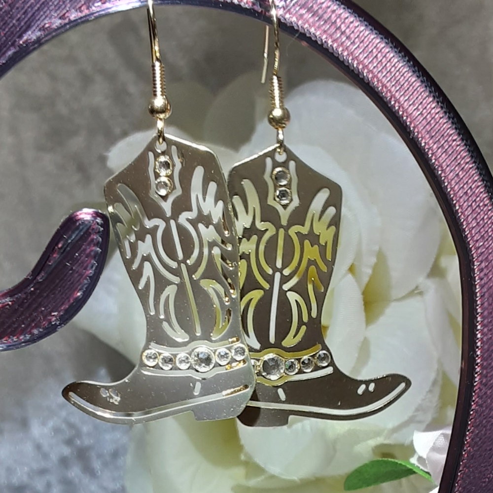 Handmade Cowboy Boots Earrings with Clear Rhinestones